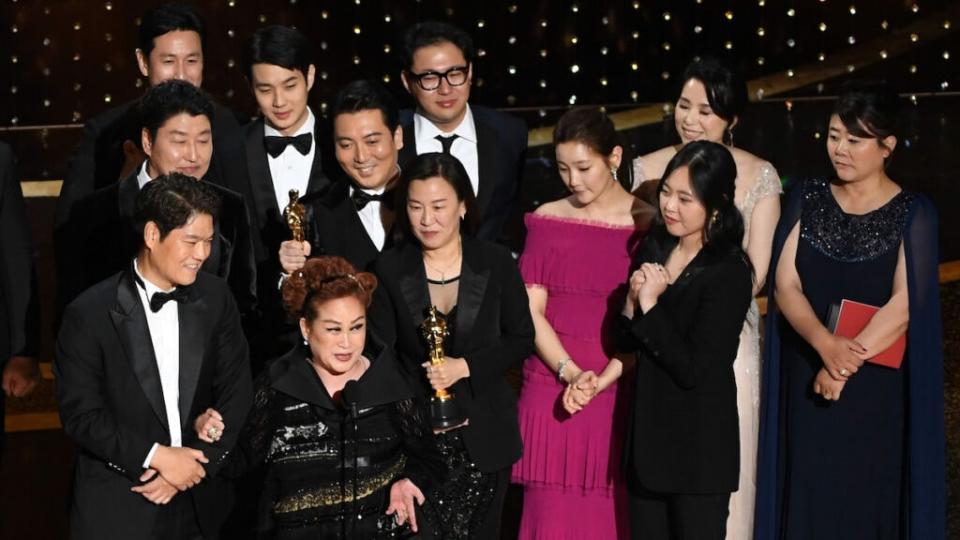 Miky Lee, front left, accepts the Best Picture award for “Parasite” in 2020. (Photo by Kevin Winter/Getty Images)