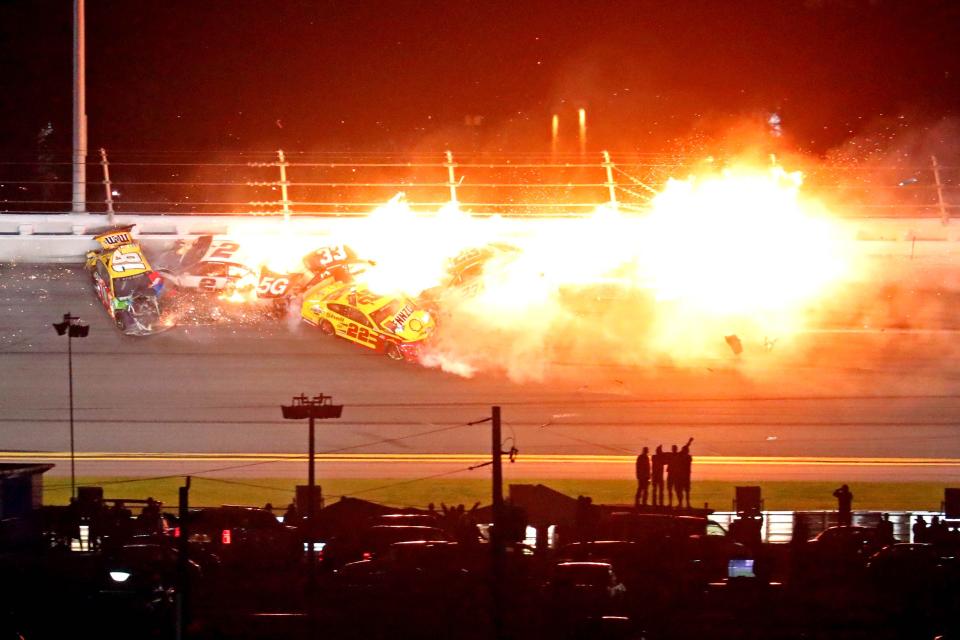 In the midst of the fiery carnage is the No. 2 car of Brad Keselowski, who crashed while trying to pass for the lead on the last lap of the 2021 Daytona 500.