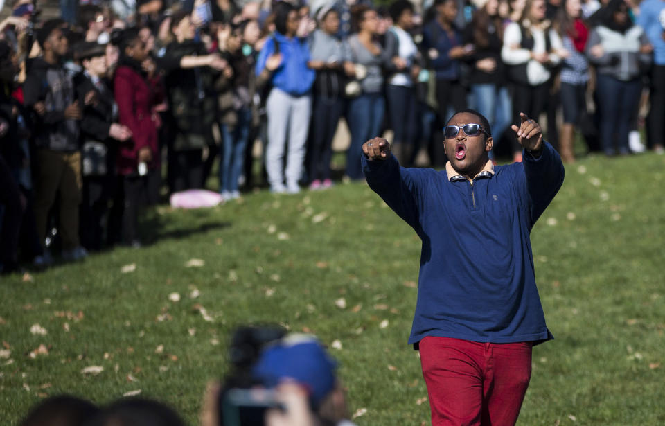 COLUMBIA, MO - NOVEMBER 9:  Protesters celebrate the resignation resignation of Missouri University president Timothy M. Wolfe on the Missouri University Campus November 9, 2015 in Columbia, Missouri. Wolfe resigned after pressure from students and student athletes over his perceived insensitivity to racism on the university campus.  (Photo by Brian Davidson/Getty Images)