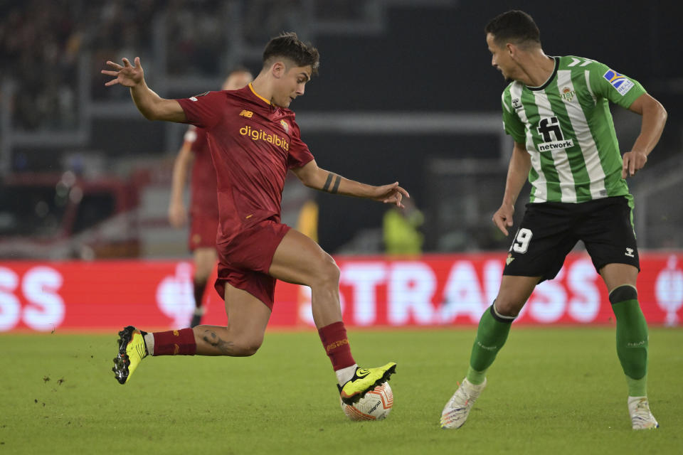 Roma's Paulo Dybala in action during the Europa League soccer match between AS Roma and Real Betis in Rome, Italy, Thursday, Oct. 6, 2022. (Alfredo Falcone/LaPresse via AP)