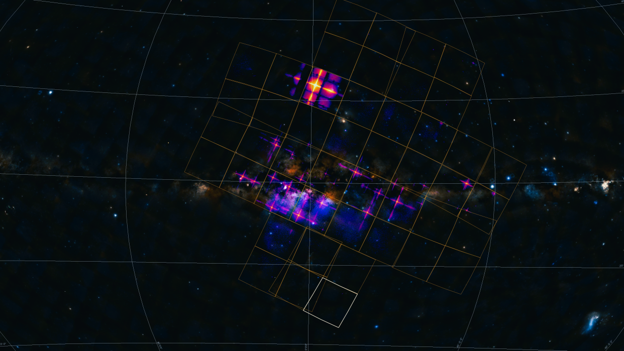  A view of the Milky Way from Einstein's Probe's perspective. There are various squares overlain on the image and bright purple spots of X-ray activity. 