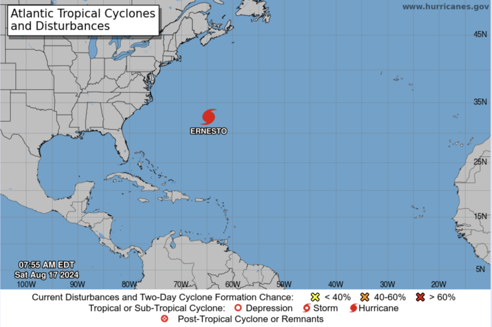 La ubicación de Ernesto hasta el sábado por la mañana se muestra en un mapa del Océano Atlántico.