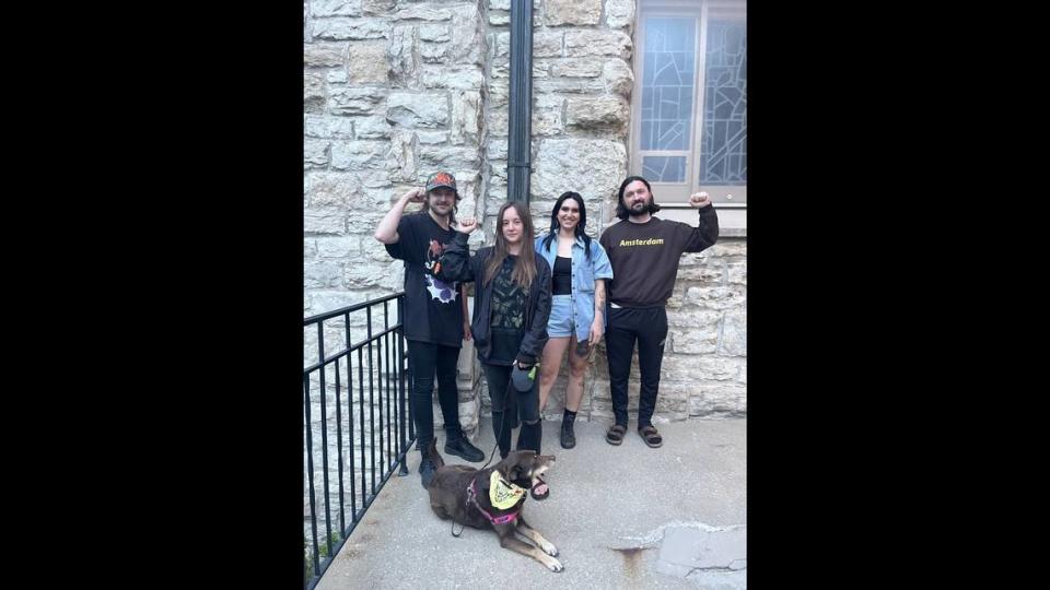 Several tenants in the Aster building after their meeting with KC Tentants outside of their office. Shampelle Davis joined that day over Zoom. From left to right: DJ Holt, Nikki Fenn, Ash Lakota, Tate Caldarello and Abbey the dog.