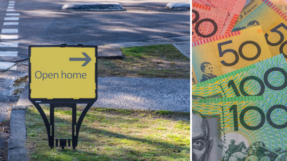 First home guarantee: An open home sign on a footpath and Australian currency.