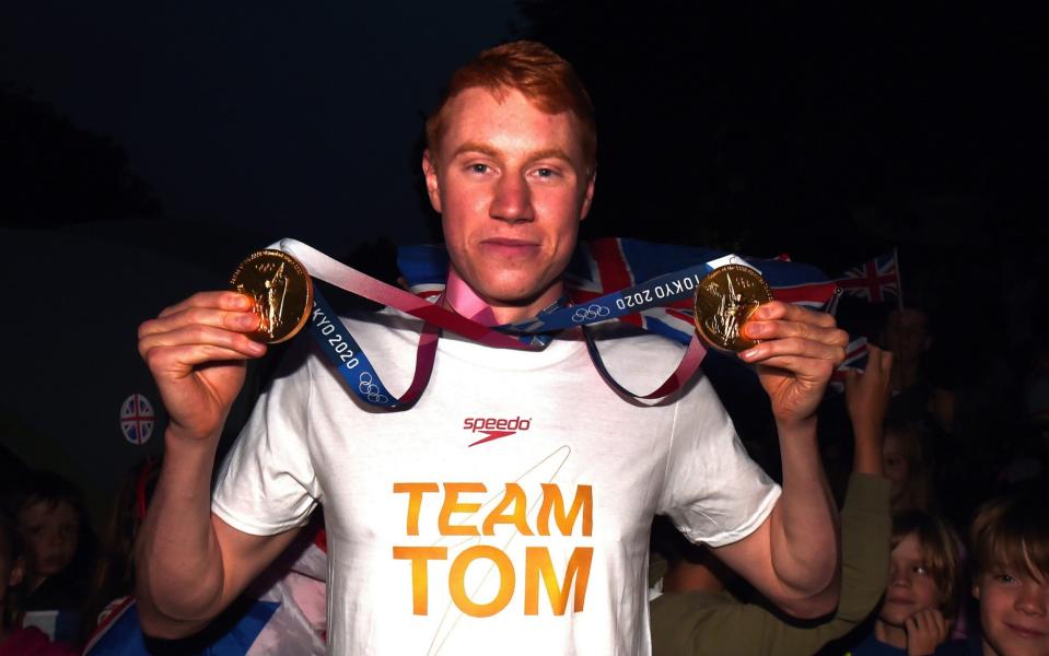 Tom Dean, double Olympic Gold medal Winning Swimmer of team GB arrives at his homecoming party on August 02, 2021 in Maidenhead - GETTY IMAGES