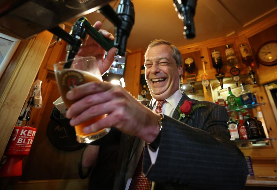 UKIP leader Nigel Farage pulling a pint in 2015, the year before the Brexit referendum that made his name. (Getty Images)