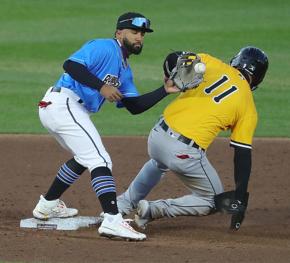 Erie's Grant Washington get to second ahead of the throw to RubberDucks second baseman Aaron Bracho for a stolen base on Friday, April 7, 2023.