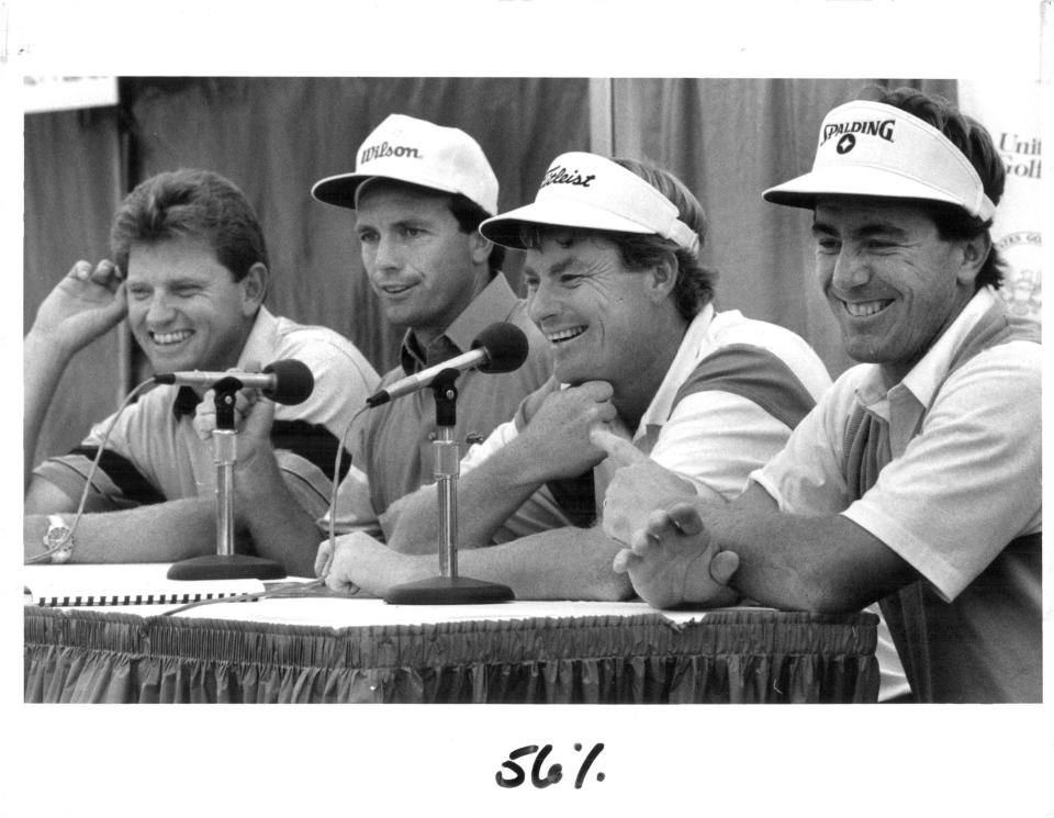 Nick Price, Jerry Pate, Mark Wiebe and Doug Weaver meet the media after each made a hole-in-one during the second round of the U.S. Open at Oak Hill Country Club on June 16, 1989.