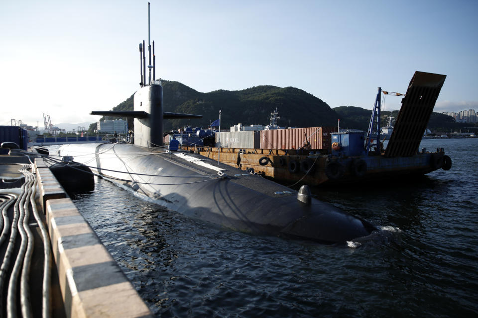 FILE - The USS Kentucky, a U.S. nuclear-armed submarine, is anchored at the Busan Naval Base in Busan, South Korea, on July 19, 2023. (Woohae Cho/Pool Photo via AP, File)