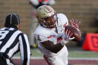 Boston College wide receiver Zay Flowers makes a touchdown reception during the first half of an NCAA college football game against Notre Dame, Saturday, Nov. 14, 2020, in Boston. (AP Photo/Michael Dwyer)