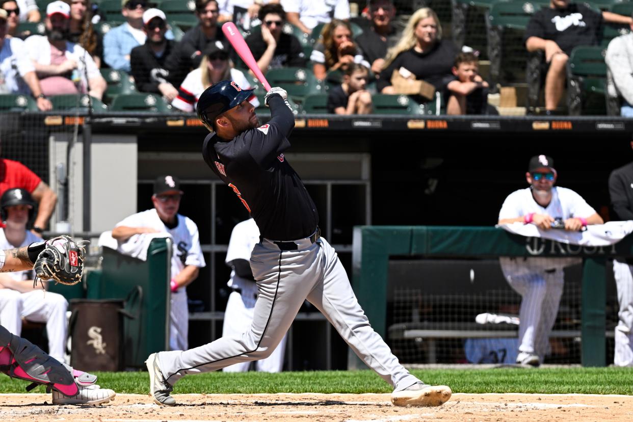 Guardians first base David Fry watches his two-run home run against the White Sox during the fourth inning, May 12, 2024, in Chicago.