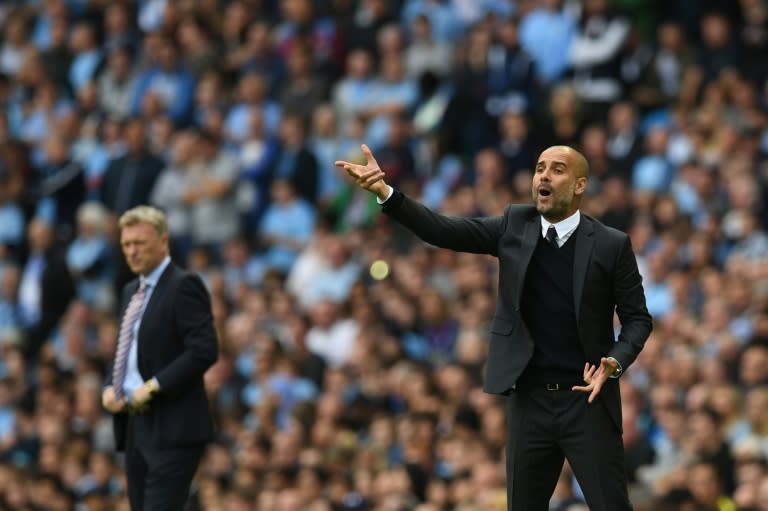 Manchester City's manager Pep Guardiola gestures from the touchline during the English Premier League match between City and Sunderland at the Etihad Stadium on August 13, 2016