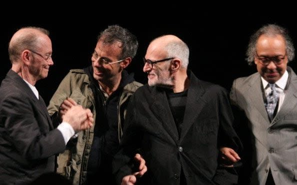 Curtain call at the 2011 Broadway revival of The Normal Heart, l-r, director Joel Grey, actor Joe Mantello, Kramer and producer George C Wolfe - Janette Pellegrini/WireImage)