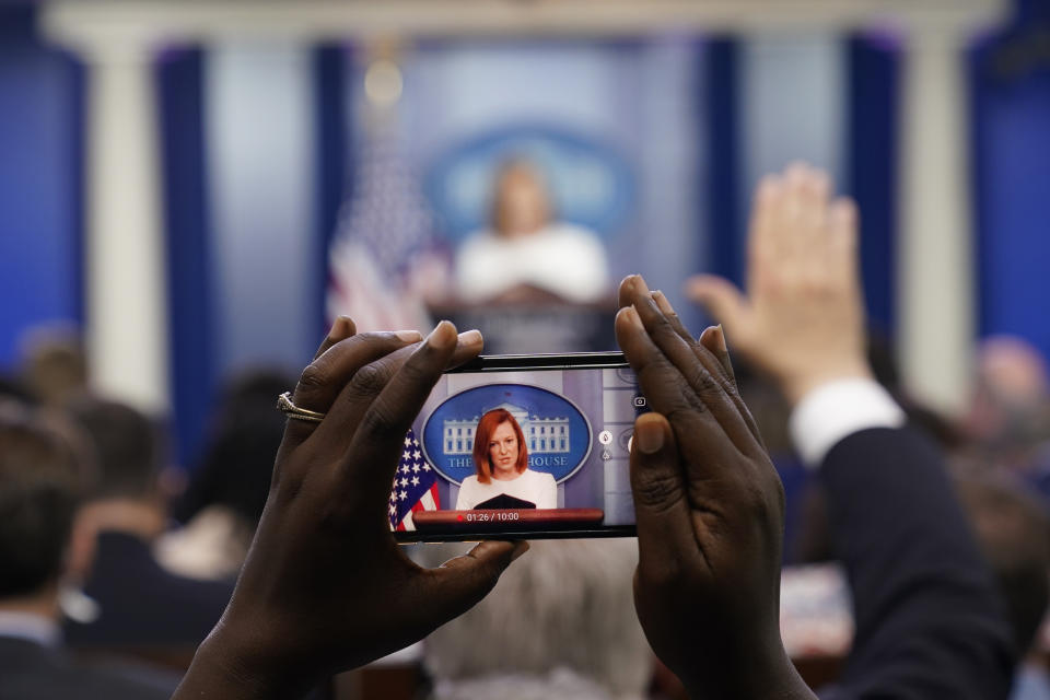 FILE - White House press secretary Jen Psaki speaks during the daily briefing at the White House in Washington, Sept. 22, 2021. Psaki, whose last day on the job is Friday, has answered reporters' questions nearly every weekday of the almost 500 days that Biden has been in office. That makes her a top White House communicator and perhaps the administration's most public face, behind only the president and Vice President Kamala Harris. (AP Photo/Susan Walsh, File)