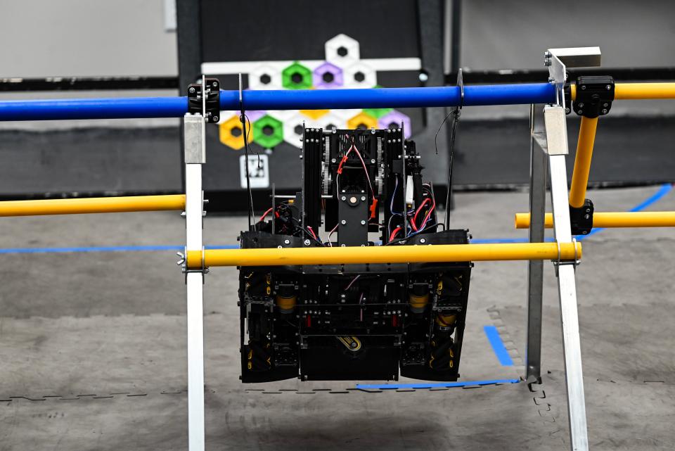 The robot scores points during the end game as it "climbs" and lifts off the floor, as shown March 17, 2024, at GEARS in Osceola.