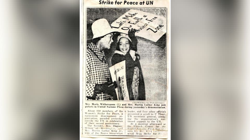 From left, Fatima Cortez Todd's mother, Marie Witherspoon, and Coretta Scott King join picketers in United Nations Plaza. - Phil Greitzer/New York Daily News/Courtesy Fatima Cortez Todd