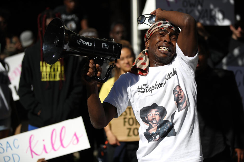 Stevante Clark, brother of Stephon Clark, speaks during a Black Lives Matter protest outside of office of Sacramento District Attorney Anne Schubert on Wednesday. (Photo: Justin Sullivan via Getty Images)