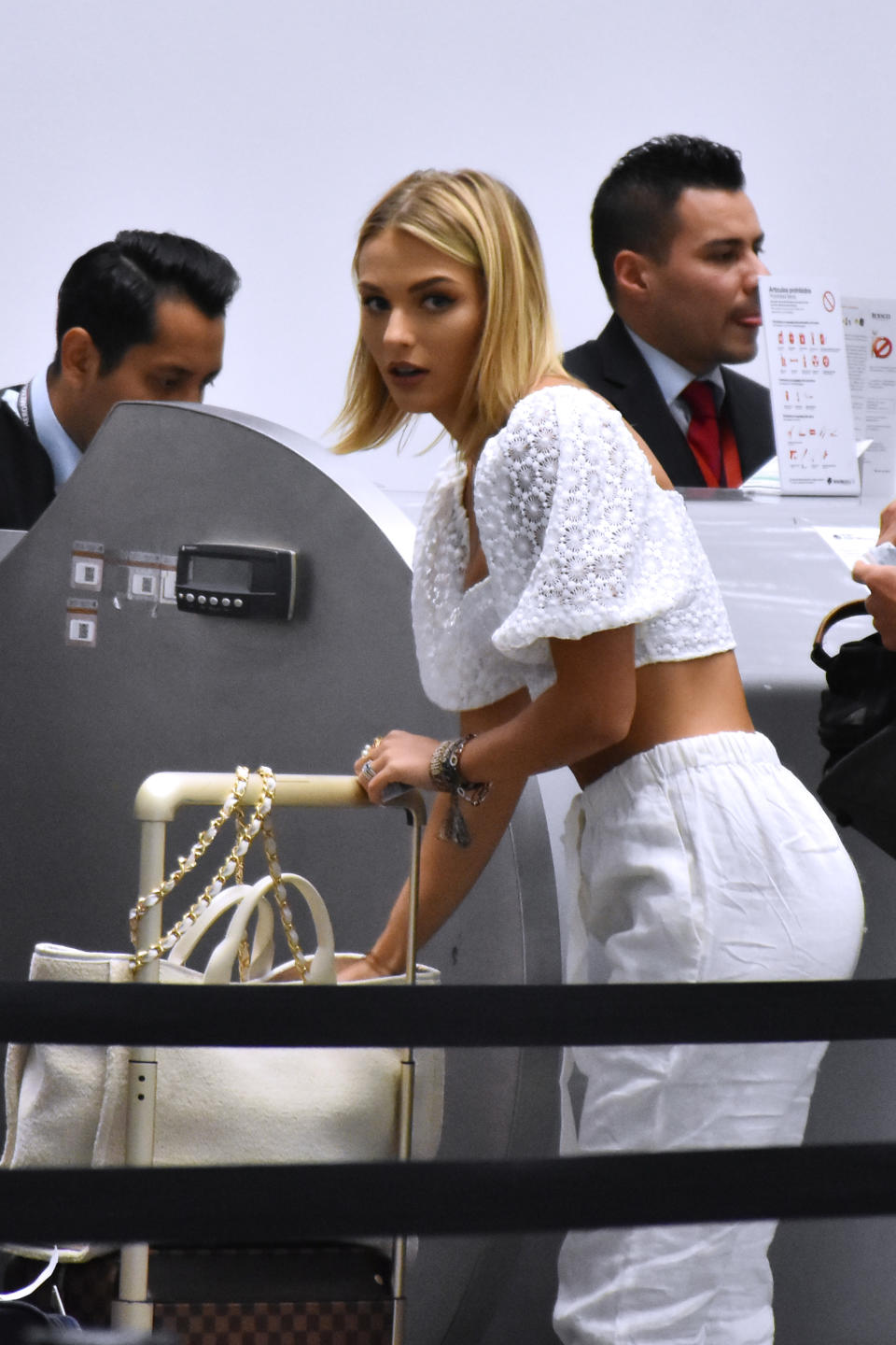 Actor Gabriel Soto and his girlfriend actress Irina Baeva during the  documenting luggage before boarding the plane to Cancun at Mexico City International Airport on August 1, 2019 in Mexico City, Mexico (Photo by Eyepix/NurPhoto via Getty Images)