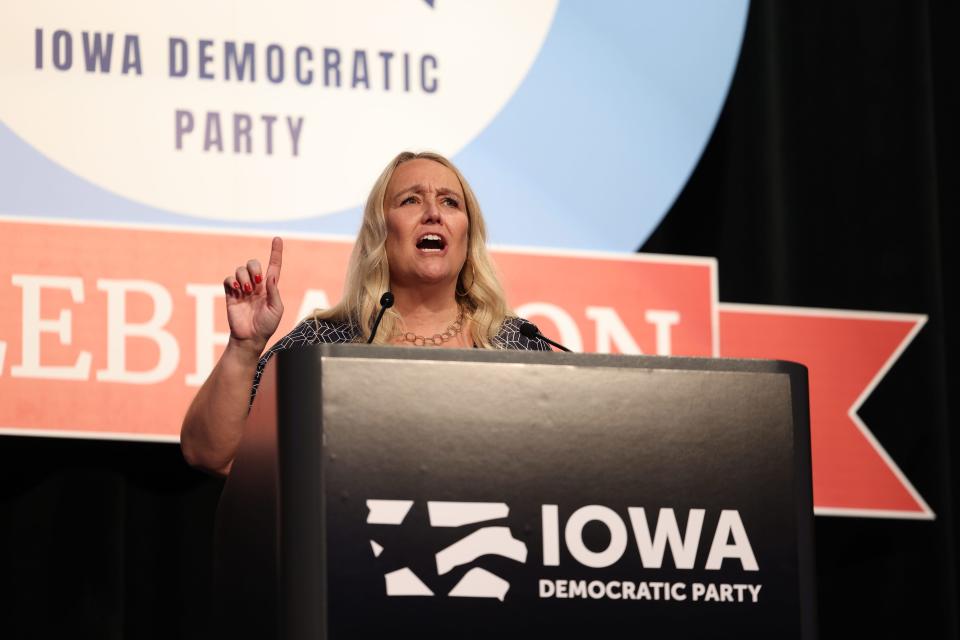 Nov 4, 2023; Altoona, Iowa, United States; Iowa House Minority Leader Jennifer Konfrst speaks at the Iowa Democrats Liberty and Justice Celebration. Mandatory Credit: Rachel Mummey-The Des Moines Register