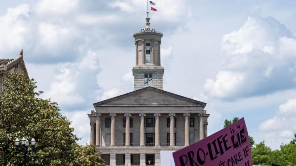 PHOTO: Activists gather near the Tennessee State Capital building in Nashville, May 14,2022, as part of a nation wide protest for reproductive rights after a leak from the Supreme Court that suggest Roe v Wade will be overturned.  (Seth Herald/AFP via Getty Images)