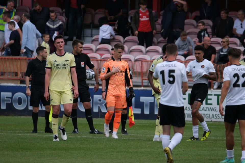 Alex Kirk (L) and James Hillson (C) after Hillson's penalty save at the end of the match for the Arsenal u23s (Photo by Dan Critchlow)