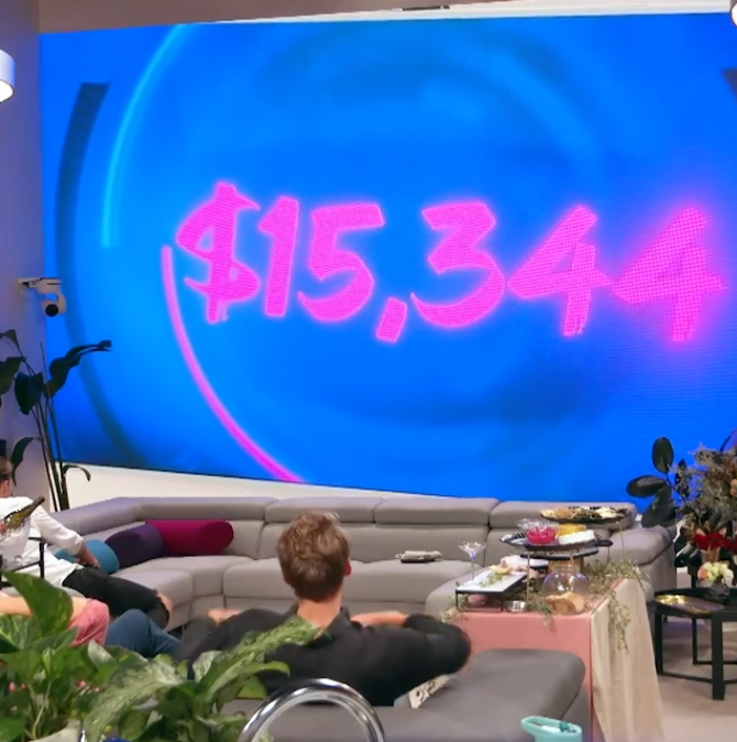 The housemates watch as the total prize money decreases. Photo: Channel 7.