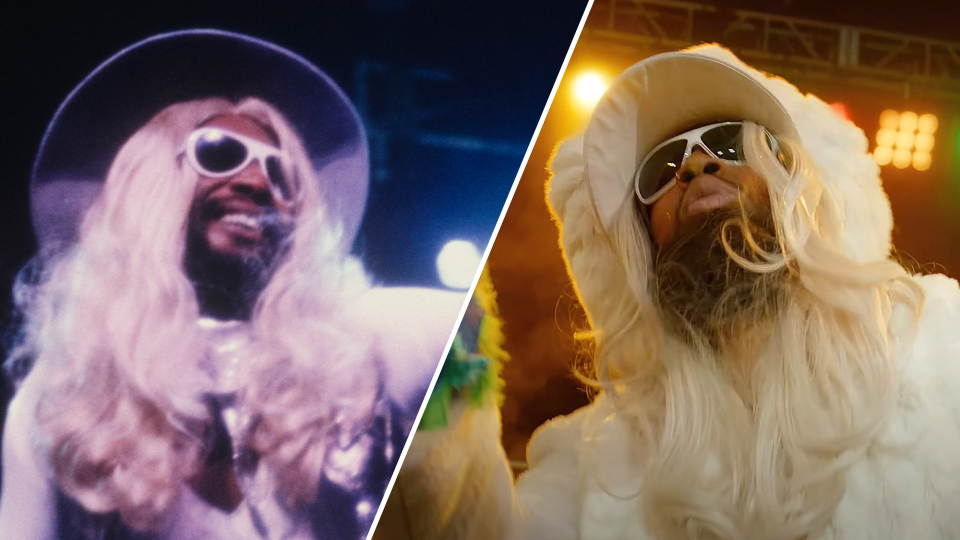 George Clinton in the &#39;70s, Wiz Khalifa as Clinton in the 2023 film &#39;Spinning Gold.&#39; (Photos: Getty Images/Everett Collection)