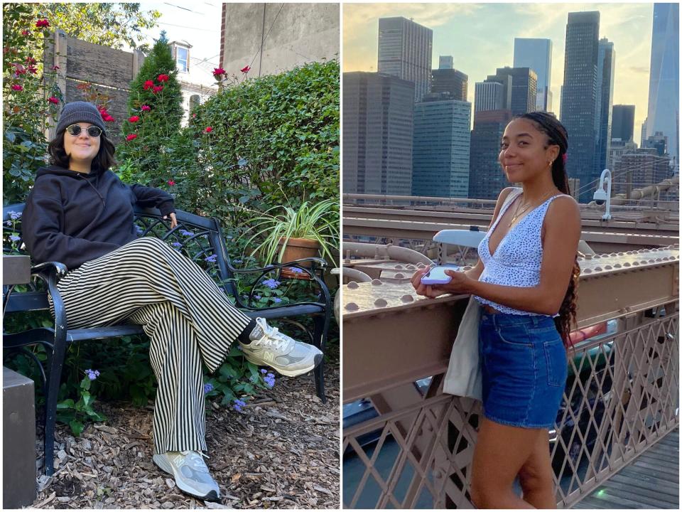 Gabi Stevenson sitting on a black bench in a Philadelphia garden; Pauline Villegas on a bridge in front of the New York city skyline