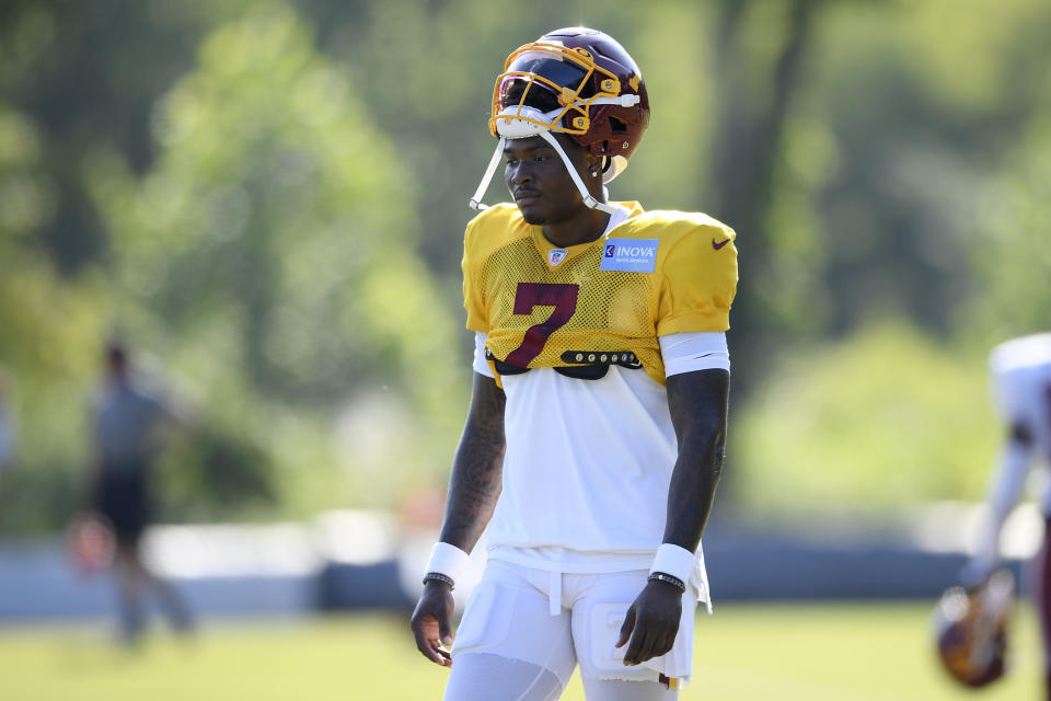 Washington quarterback Dwayne Haskins Jr. (7) walks on the field during practice at the team's NFL football training facility, Monday, Aug. 24, 2020, in Ashburn, Va. (AP Photo/Nick Wass)