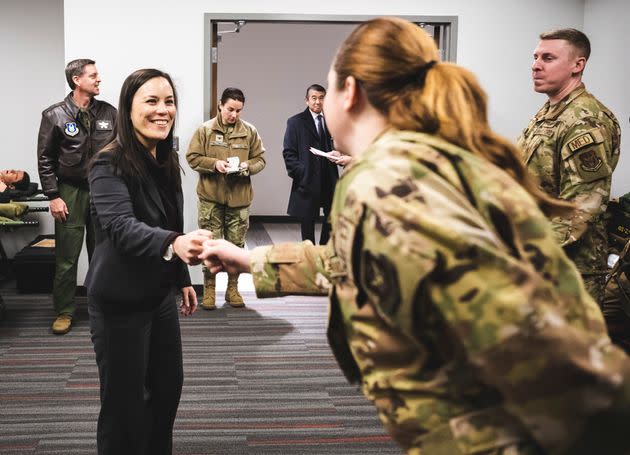 Jones meets with personnel at the Air Force's 88th Air Base Wing in Ohio in January.