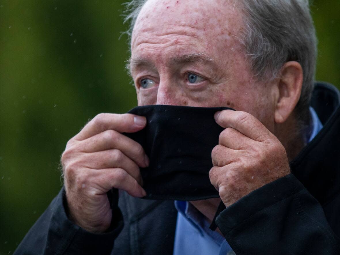 Surrey Mayor Doug McCallum holds a news conference in Holland Park in Surrey, British Columbia on Tuesday, October 27, 2020. He was charged with one count of public mischief in December and his trial is scheduled to begin at the end of October 2022. (Ben Nelms/CBC - image credit)