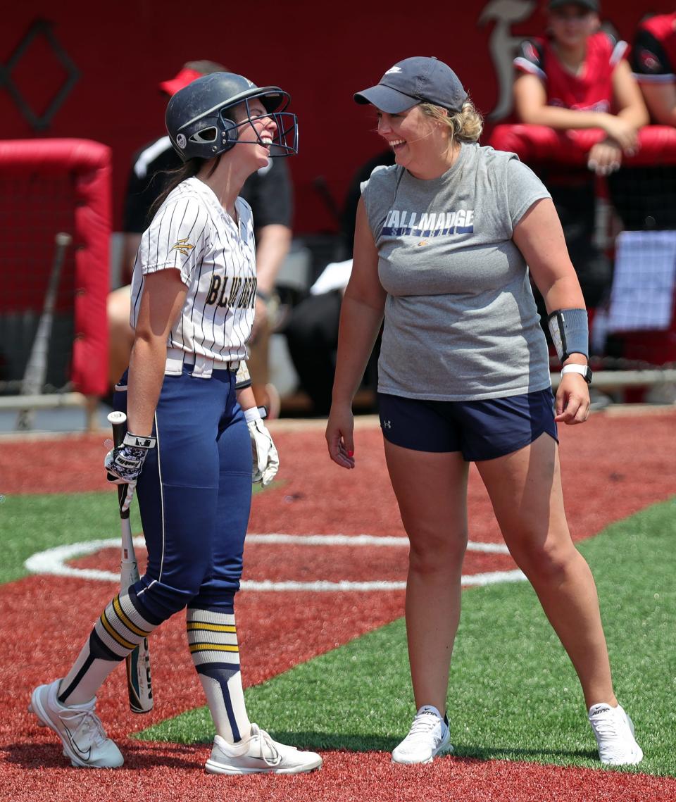 Tallmadge catcher Lexi Gray, left, sharing a laugh with coach Brittany Lightel, is ranked as one of the top 24 softball players in Ohio in 2024.