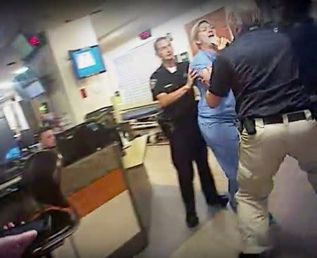 FILE PHOTO: Nurse Alex Wubbels is shown during an incident at University of Utah Hospital in this still photo taken from police bodycam video taken in Salt Lake City, Utah, U.S. on July 26, 2017. Courtesy Salt Lake City Police Department/Handout via REUTERS
