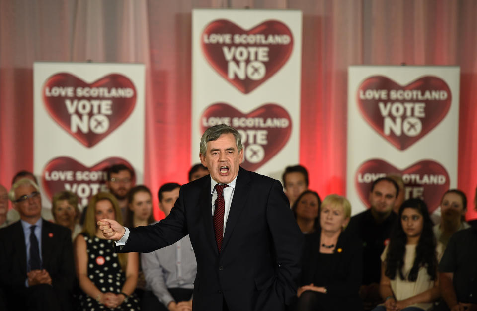 Former British Prime Minister Gordon Brown speaks at a 'No' campaign rally in Glasgow, Scotland September 17, 2014. The referendum on Scottish independence will take place on September 18, when Scotland will vote whether or not to end the 307-year-old union with the rest of the United Kingdom.     REUTERS/Dylan Martinez (BRITAIN  - Tags: POLITICS ELECTIONS)  