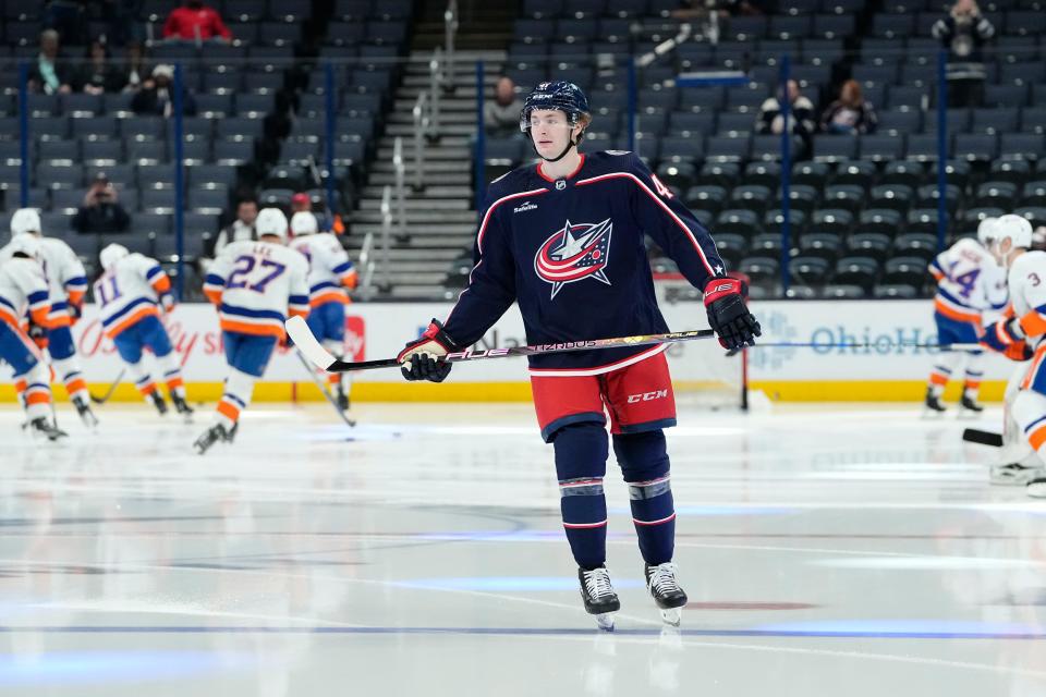 Mar 24, 2023; Columbus, Ohio, USA;  Columbus Blue Jackets center Hunter McKown (41) takes the ice for his first NHL hockey game prior to the matchup against the New York Islanders at Nationwide Arena. Mandatory Credit: Adam Cairns-The Columbus Dispatch