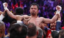 Manny Pacquiao reacts after defeating Keith Thurman by split decision in a welterweight title fight Saturday, July 20, 2019, in Las Vegas. (AP Photo/John Locher)