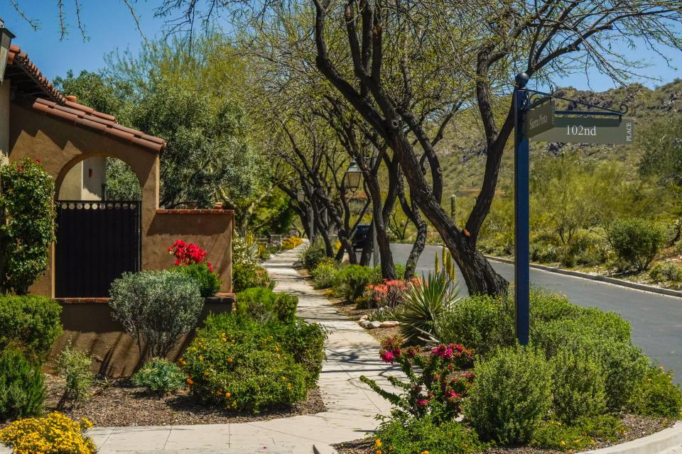 A sidewalk next to a street liked with bushes, trees, and flowers. There's a portion of  a tan house on the left