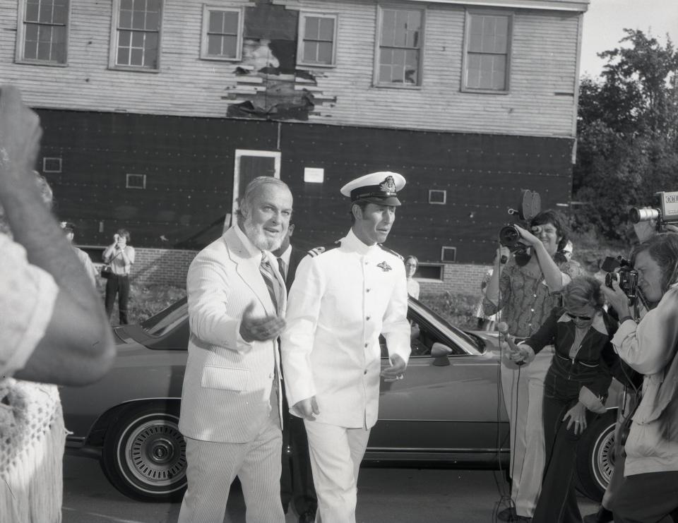 Portsmouth Mayor Arthur Brady Jr. welcomes Prince Charles to Strawbery Banke in August 1973 as part of the city's celebration of its 350th anniversary.