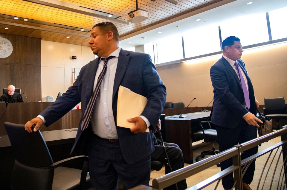 Stockton City Councilman Brando Villapudua, left, and Motecuzoma Sanchez appear in Department 3A of the San Joaquin County Courthouse in downtown Stockton on Thursday, May 4, 2023.