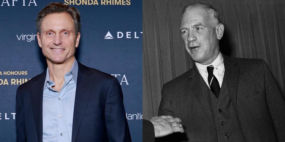 Tony Goldwyn, left, is seen next to a 1960 photo of Gordon Gray who the actor plays in "Oppenheimer."