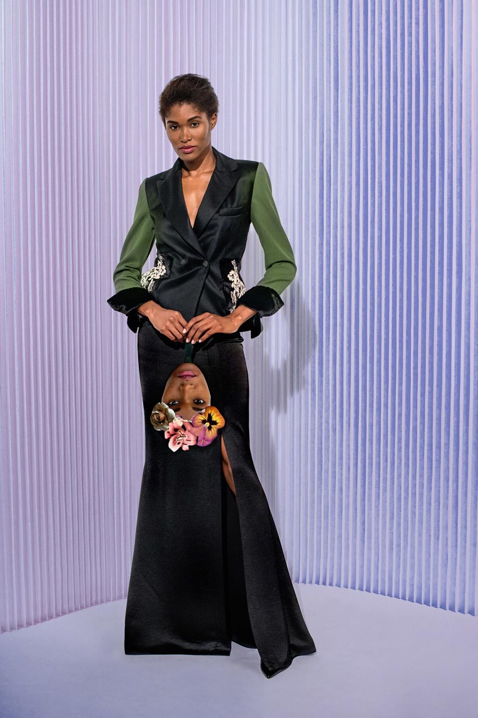 Double-breasted jacket with velvet cuffs and embroidered velvet patch pockets; long black skirt with slit