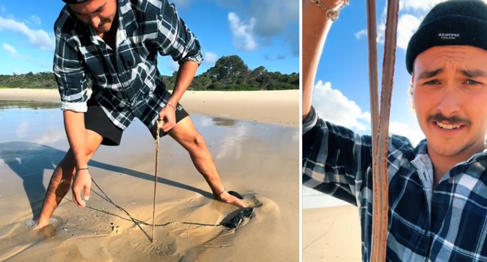 The length of the giant beach worm is shown as the Aussie pulls it out of the sand (left) and holds it to the camera (right). 