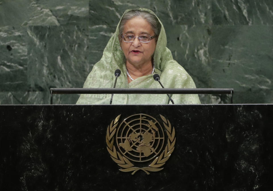 Bangladesh's Prime Minister Sheikh Hasina addresses the 73rd session of the United Nations General Assembly, Thursday, Sept. 27, 2018, at the United Nations headquarters. (AP Photo/Frank Franklin II)