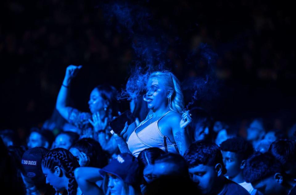 Fans prepare for Berner to take the stage during Snoop Dogg’s High School Reunion Tour at Sacramento’s Golden 1 Center on Friday, Aug. 25, 2023, with Wiz Khalifa, Too $hort, Warren G and DJ Drama.