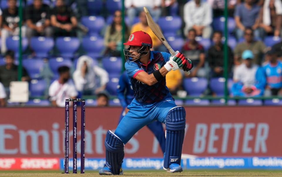 Afghanistan's Rahmanullah Gurbaz plays a shot during the ICC Men's Cricket World Cup match between Afghanistan and England