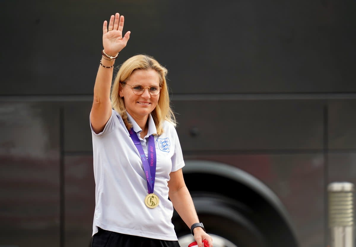 England head coach Sarina Wiegman at The Lensbury, Teddington after her team’s Euro win  (PA)