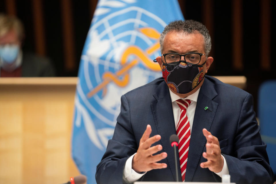 Tedros Adhanom Ghebreyesus, Director General of the World Health Organization (WHO) attends a session on the coronavirus disease (COVID-19) outbreak response of the WHO Executive Board in Geneva, Switzerland, October 5, 2020.  Christopher Black/WHO/Handout via REUTERS THIS IMAGE HAS BEEN SUPPLIED BY A THIRD PARTY