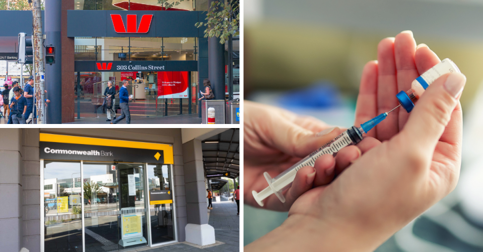 The exterior of a Westpac branch and CBA branch and hands preparing a dose of vaccine.