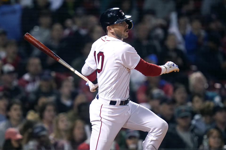 Boston Red Sox's Trevor Story watches his RBI single during the sixth inning of the team's baseball game against the Seattle Mariners at Fenway Park, Thursday, May 19, 2022, in Boston. (AP Photo/Charles Krupa)