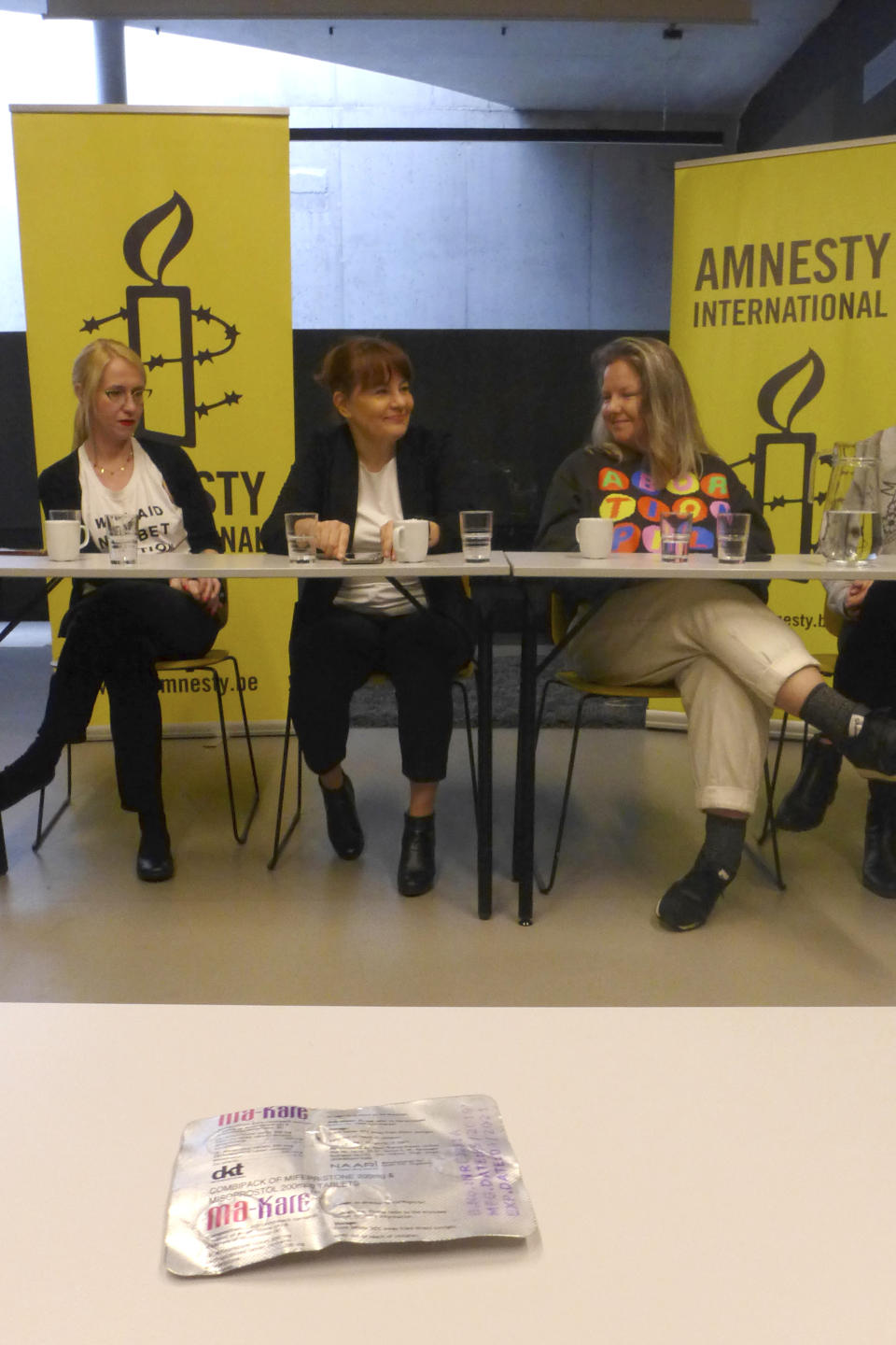 From left, members of the organization Abortion Dream Team Kinga Jelinska, Justyna Wydrzynska and Natalia Broniarczyk speak during a media conference in Brussels, Thursday, March 23, 2023. Justyna Wydrzynska, a women's rights activist, was recently convicted by a Warsaw court for helping a pregnant victim of domestic violence access abortion pills in Poland, sentencing her to eight months of community service. The case has been closely watched by human rights activists, who believe it would set a precedent in a country with some of Europe's most restrictive abortion legislation. (AP Photo/Lorne Cook)